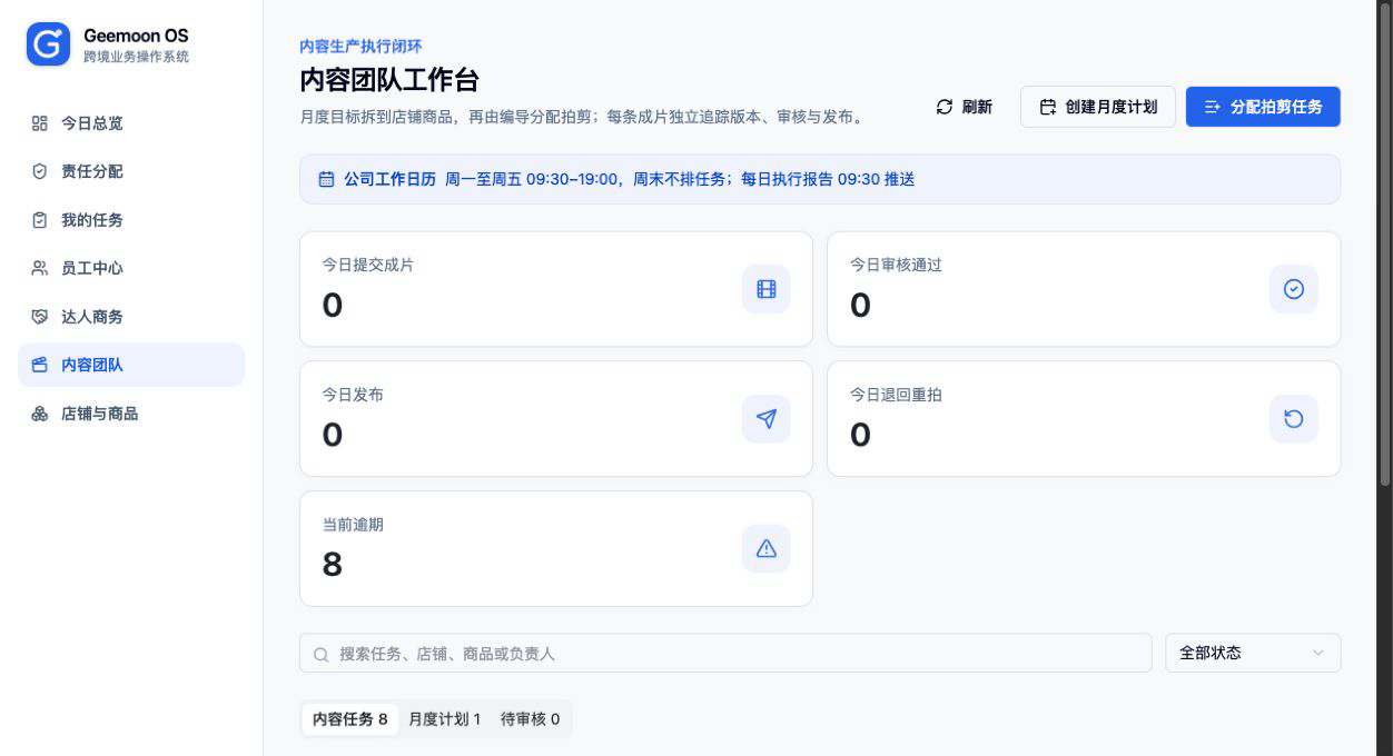 Geemoon OS 内容团队工作台界面